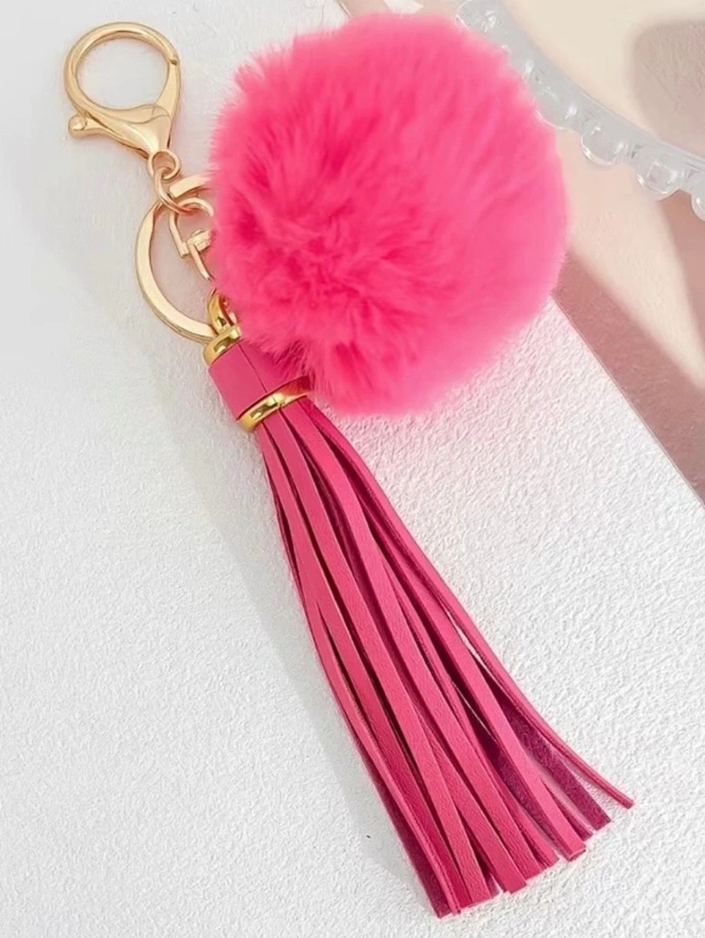 Pink Faux Fur Pom Tassel Keychain NWOT
